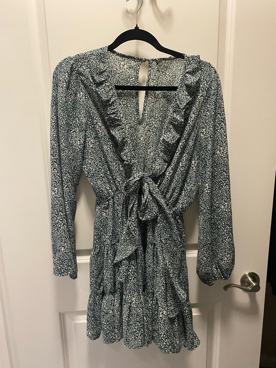 Green Floral Ruffle Tie-Waist Mini Dress - Picture 2 of 3